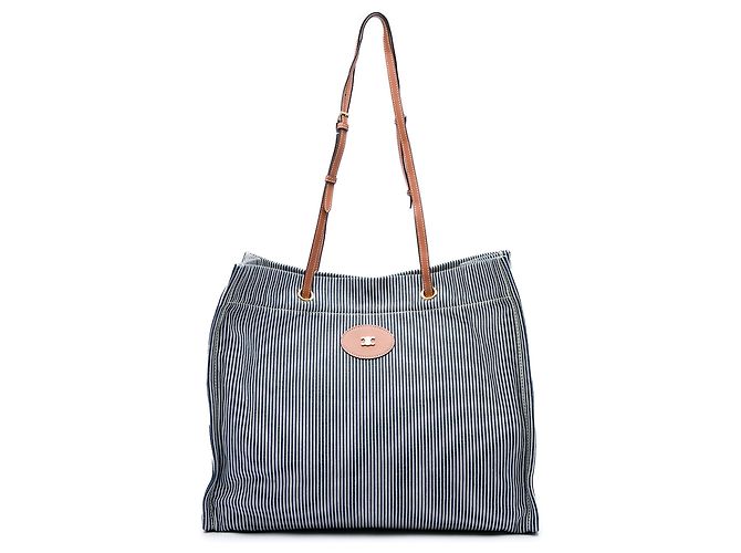 Céline Tote Cabas Quadrada Celine em têxtil riscado azul e couro de bezerro Azul marinho