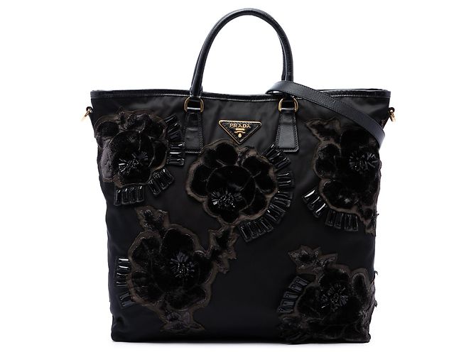 Borsa Tote Prada in Tessuto nero con perline e applicazioni floreali