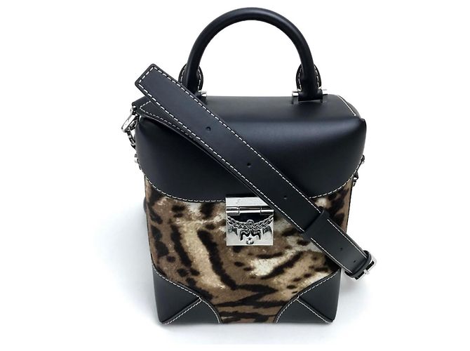 MCM Leopard Print 2-Way Shoulder Bag Black Beige