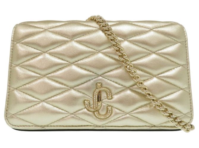 Carteira de corrente acolchoada Jimmy Choo JC Bar Bege Dourado