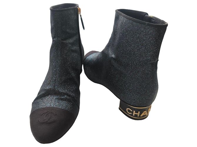 Chanel Glitter Ankle Boots with Gold Logo Black Metallic