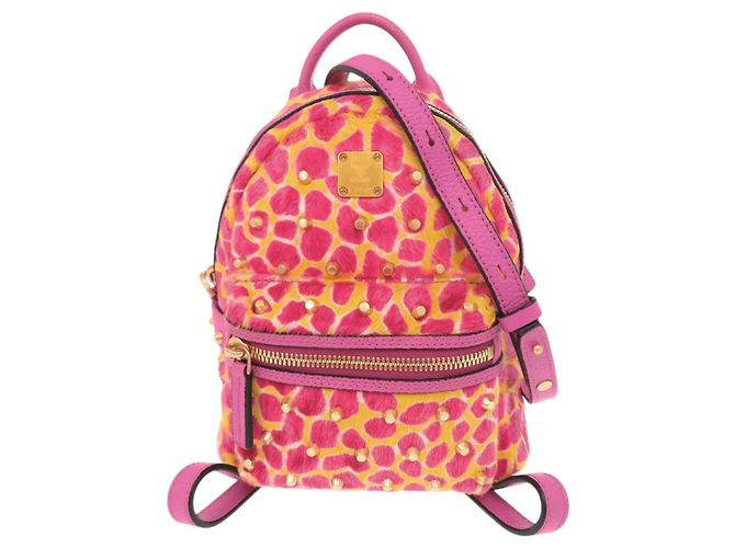 Mochila MCM em couro de bezerro com estampa animal print Rosa Amarelo