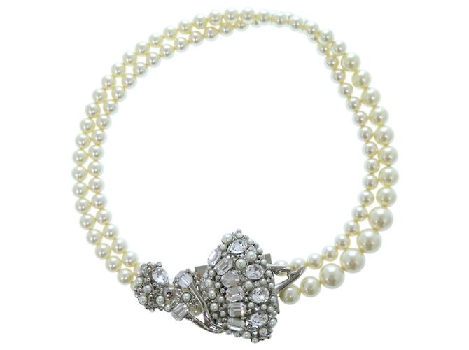 Collier Miu Miu à double rang de fausses perles Argenté Blanc