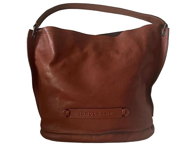 Longchamp 3D Bolso Saco de Cuero Marrón Castaño