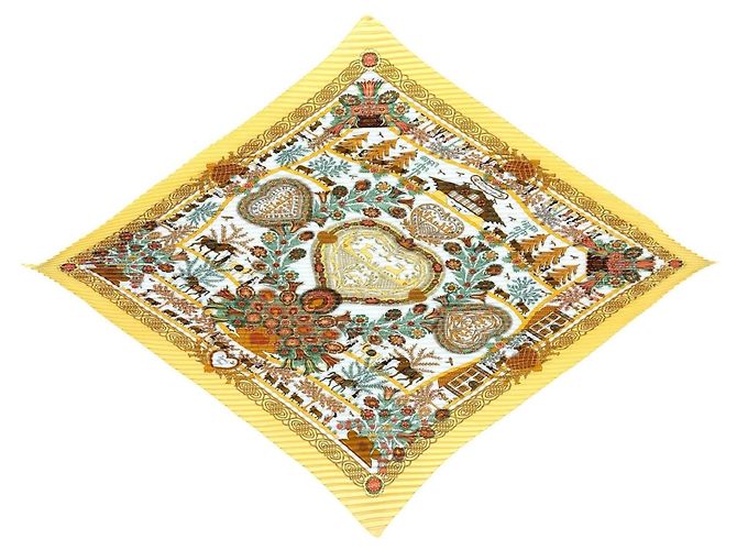 Lenço de seda plissado Hermès Branco Verde Amarelo
