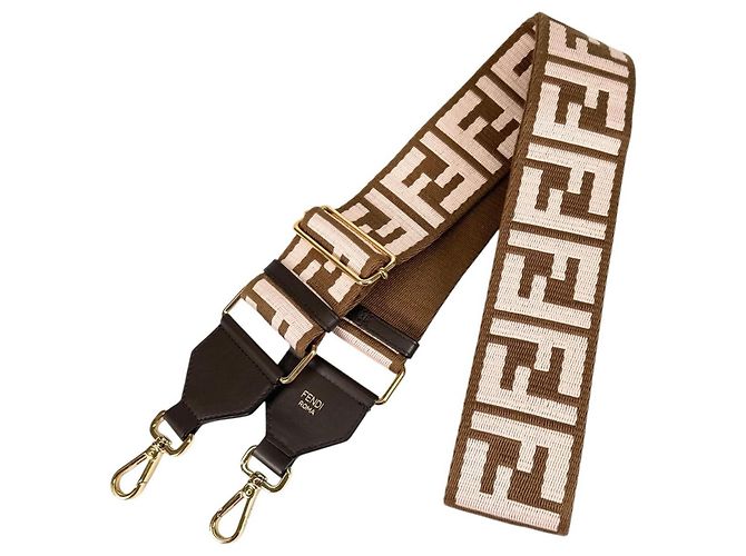 Alça Fendi FF Logo Castanho e Rosa Couro e Lona Marrom
