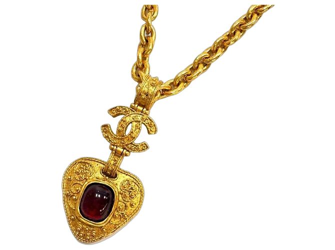 Collar de cadena larga Chanel Coco Mark Gripoix Roja Dorado