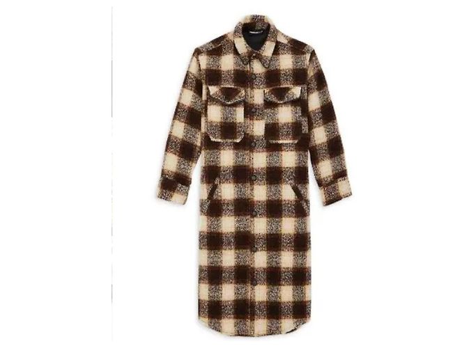 The Kooples Brown Checked Wool Blend Long Coat Beige