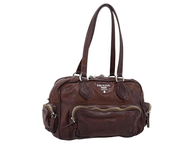 PRADA Handtasche Leder Braun Silber BR2804 Auth am12375V