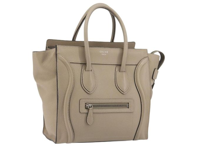 Céline CELINE Luggage Micro Shopper Hand Bag Leather Beige Silver Auth 196658V Prata Bege