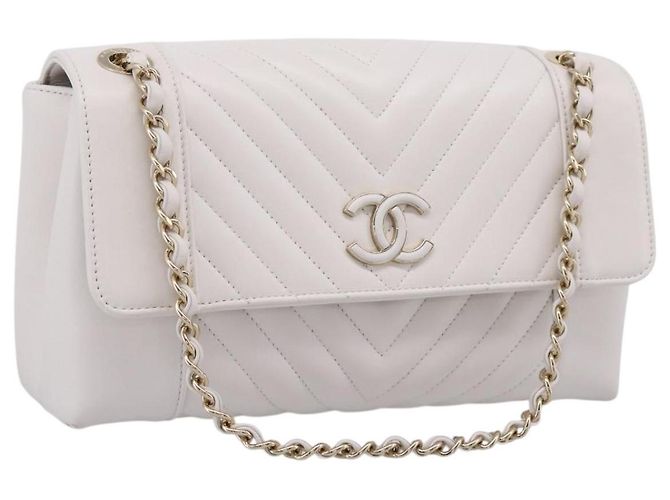Borsa a tracolla CHANEL V Stitch Chain Chevron in pelle Bianco Navy CC Auth BA15077SAM Blu navy