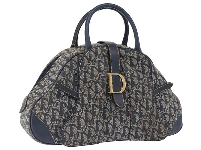Bolsa de Mão Double Saddle em Lona Trotter Christian Dior Navy Tom Dourado Auth ka6207