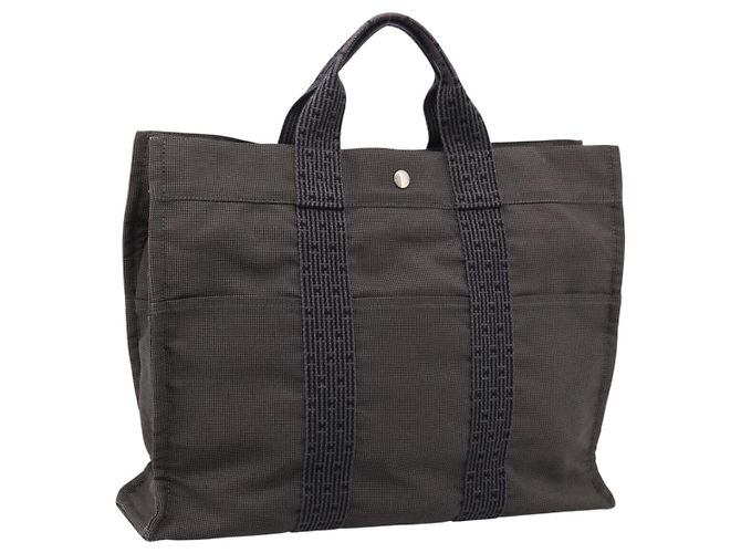Hermès Sac à main HERMES Her Line MM Canvas Gris Argent Auth 205886A Marron Argenté