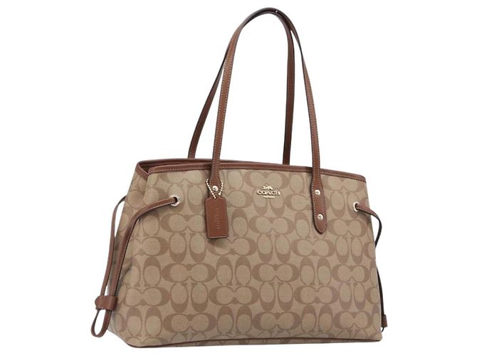 Coach Signature Tote Bag PVC Beige Gold Auth ki6830A Golden
