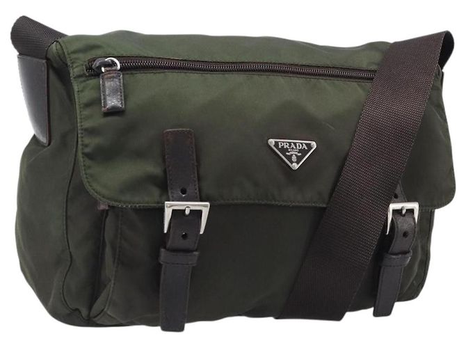 Bolsa de Ombro PRADA Nylon Khaki Silver Auth mr2887 Prata Caqui