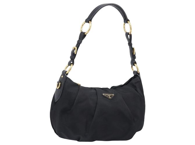 Sac à épaule PRADA Nylon Noir Or Auth 201478V Doré