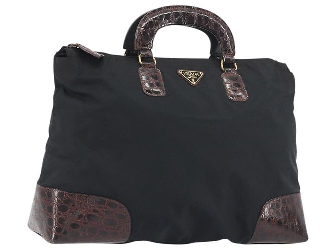 Sac à main PRADA Nylon Black Gold Auth 187087 Noir Doré