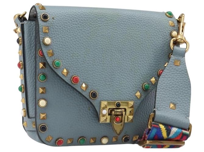 Borsa a tracolla VALENTINO Studs in pelle azzurro oro Auth LN123 D'oro Blu chiaro
