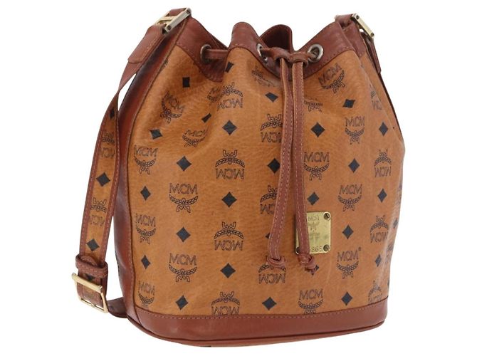 Borsa a tracolla MCM Vicetos Logogram PVC Leather Brown Gold Auth 204094 Marrone D'oro