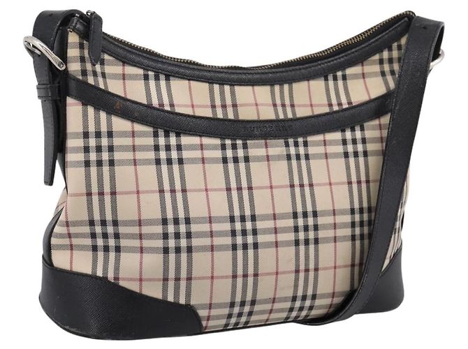 Bolsa de Ombro BURBERRY Nova Check Canvas Beige Silver Auth 203707 Prata Bege