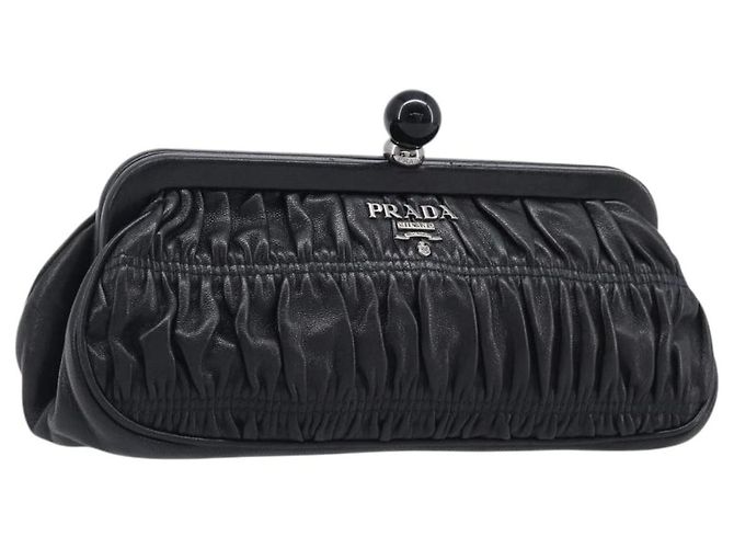 PRADA geraffte Kosmetiktasche aus Leder Schwarz Silber Auth 204606V