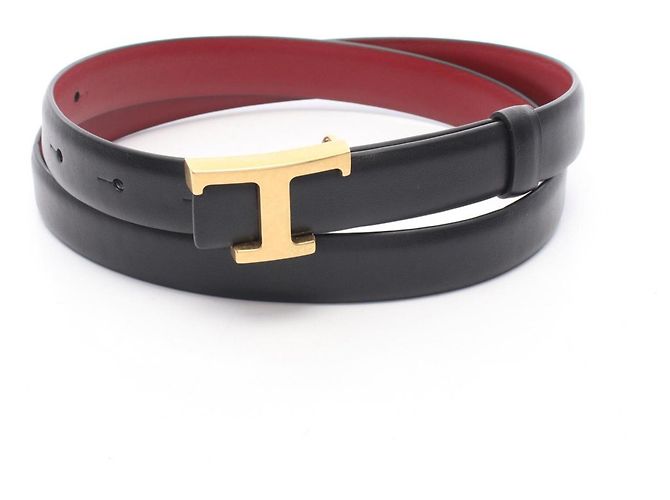 Tod's T-Timeless Gold Hardware Reversible Leather Belt Black Dark red