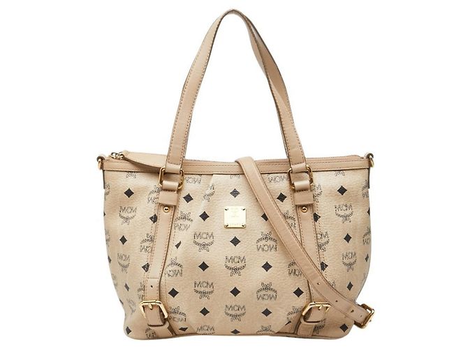 Borsa a mano e a tracolla MCM Visetos in pelle beige