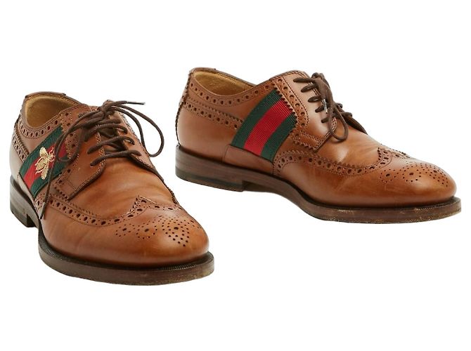 Gucci Richelieu Derbies Web Bee Couro Castanho Marrom
