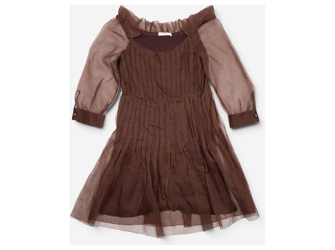 Vestido Midi Prada SS08 em tule e chiffon plissado Marrom