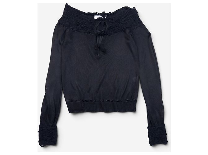 Autre Marque YSL Rive Gauche by Tom Ford 2000er gerafftes Spitzenstrick-Langarmshirt Schwarz
