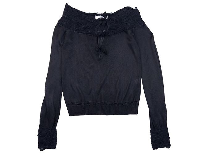 Autre Marque YSL Rive Gauche by Tom Ford 2000er gerafftes Spitzenstrick-Langarmshirt Schwarz