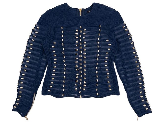 Balmain x H&M SS15 Rope Emboridered Navy Longsleeve Blouse Navy blue