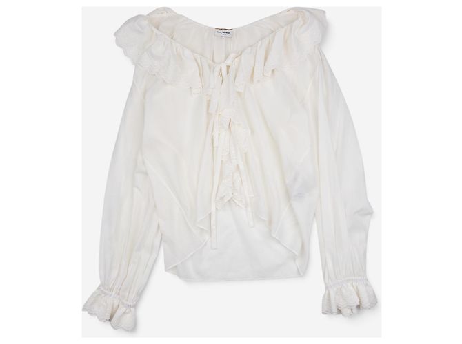 Autre Marque Saint Laurent von Anthony Vaccarello SS20 Langarm-Spitzentop mit Rüschen Weiß