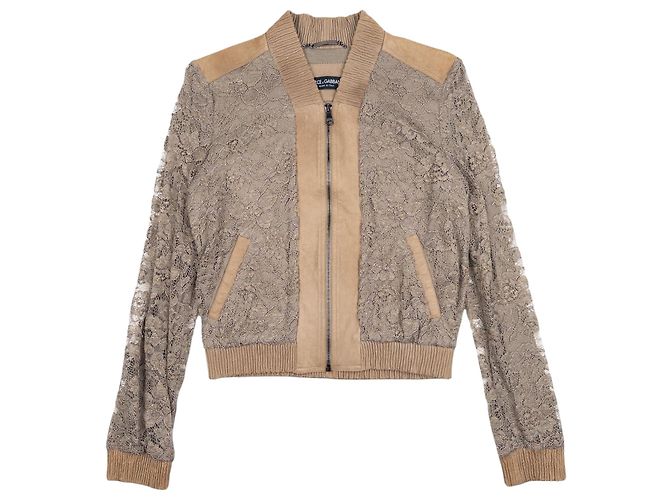 Dolce & Gabbana 2000s Leather Trimmed Lace Bomber Jacket Grey
