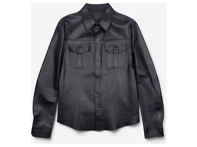 Gucci by Tom Ford 2000s Leder Military Cargo Button Up Hemd Schwarz
