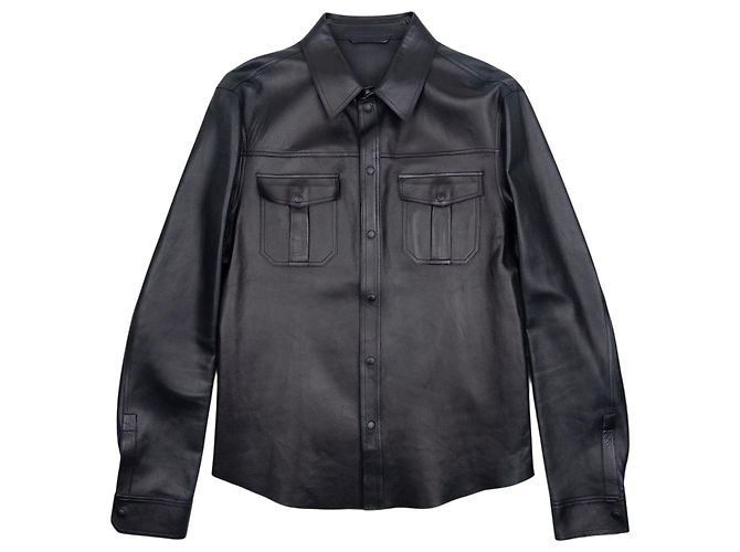 Gucci by Tom Ford 2000s Leder Military Cargo Button Up Hemd Schwarz