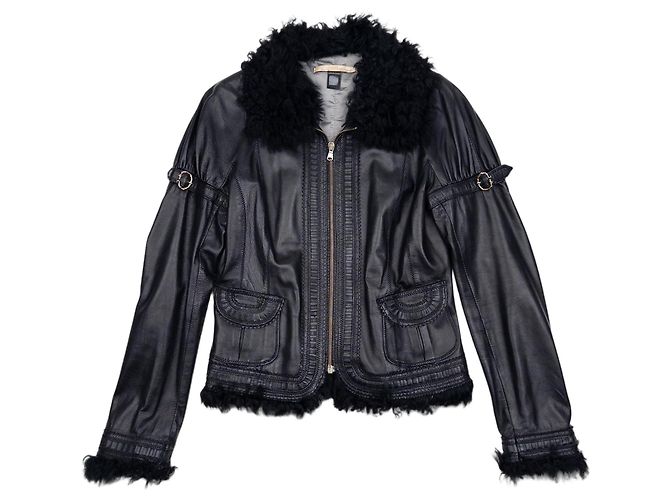 Roberto Cavalli 2000s Fur Trim Stitched Leather Jacket