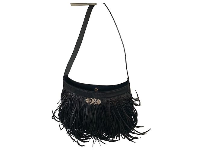 Autre Marque Borsa a mano Claudio Merazzi in pelle nera con piume e cristalli Nero