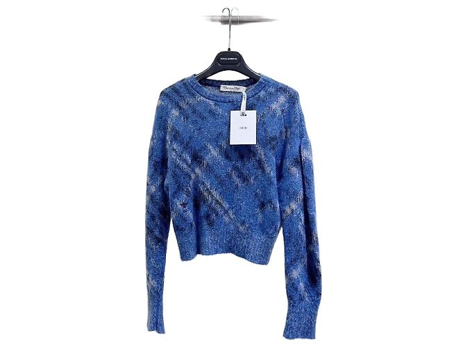 Malha Dior de lã azul com bordado de abelha Multicor