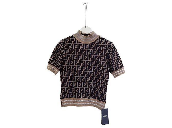 Fendi Logo Print Wool Top Brown Multiple colors