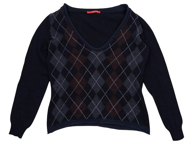 Prada AW03 Argyle V-Ausschnitt Strickpullover Marineblau