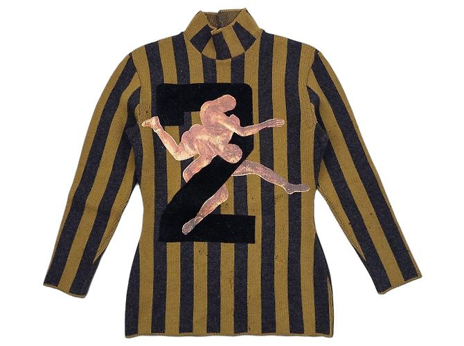 Pull à col montant rayé numéro 2 de lutteur 'Constructiviste Russe' Jean Paul Gaultier AW86 Gris