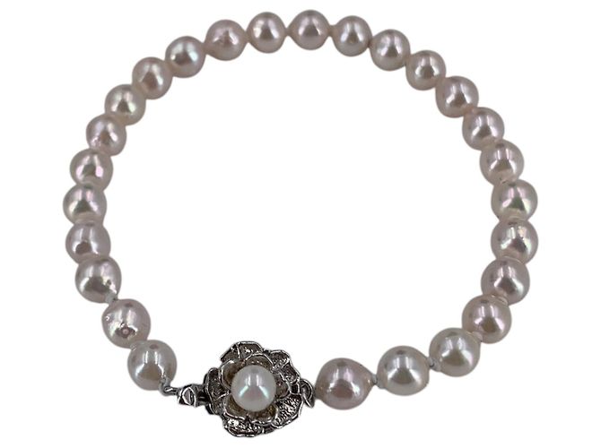Autre Marque Akoya Hellrosa Perlenarmband 6 mm Silber Blumenverschluss 9 cm Pink