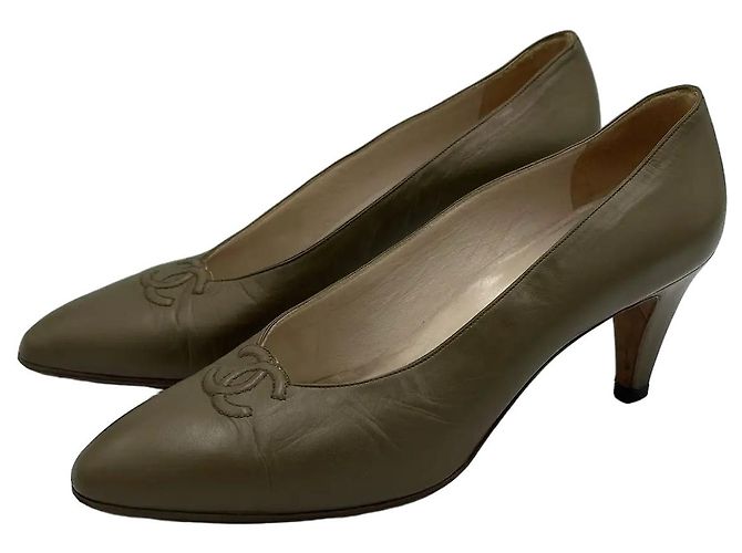 Timeless Chanel CC Logo Leather Kitten Heel Pumps Khaki