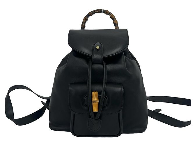 GUCCI Vintage Bamboo Leather Backpack Black
