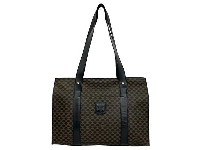 Céline CELINE Vintage Macadam Blazon Pattern Leder Tote Bag Braun Schwarz