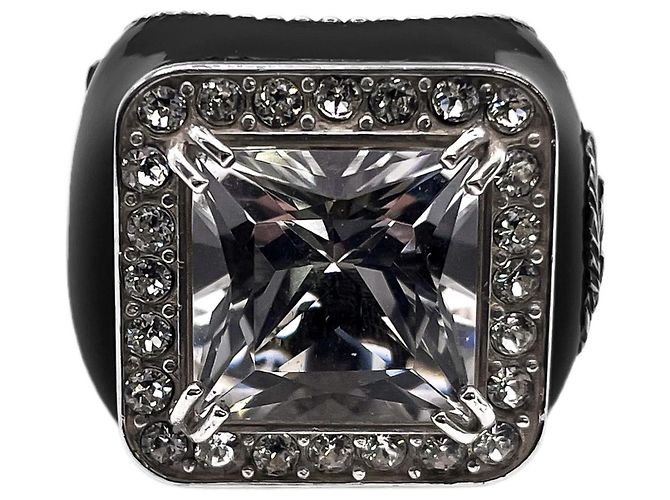 Anel GUCCI com detalhe Interlocking e cristais Preto Prata