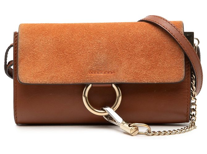 Chloé Mini Bolsa Tiracolo Faye em Bezerro e Camurça Castanha com Corrente Marrom