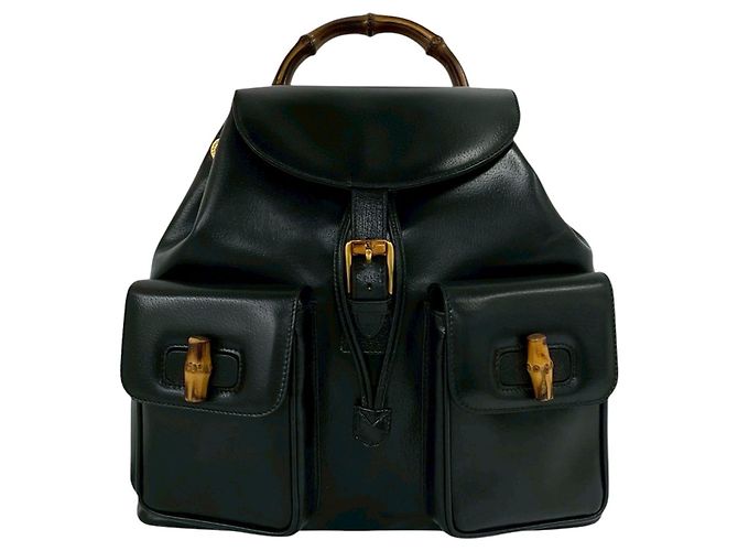 Bamboo Mochila Gucci Large em pele de vitelo preta com cordão e bambu Preto