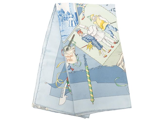 Pañuelo de seda Hermès Blue Le Carnaval de Venise 90 Azul Azul claro